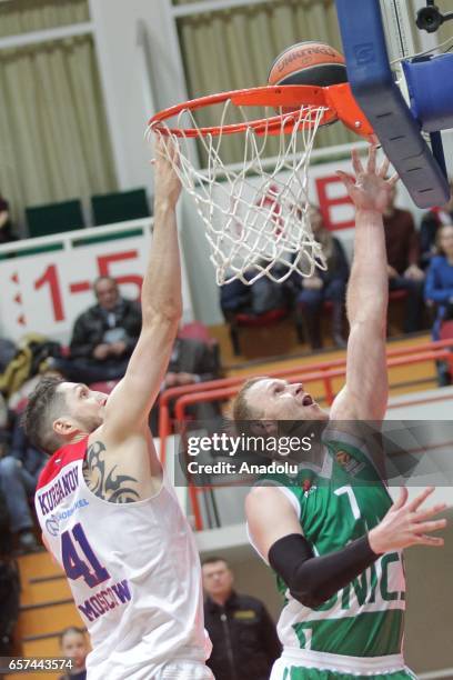 Nikita Kurbanov of CSKA Moscow in action against Anton Ponkrashov of UNICS Kazan during the Turkish Airlines EuroLeague match between UNICS Kazan and...