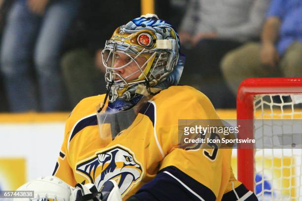 The artwork on the mask of Nashville Predators goalie Pekka Rinne is shown during the NHL game between the Nashville Predators and the Calgary...