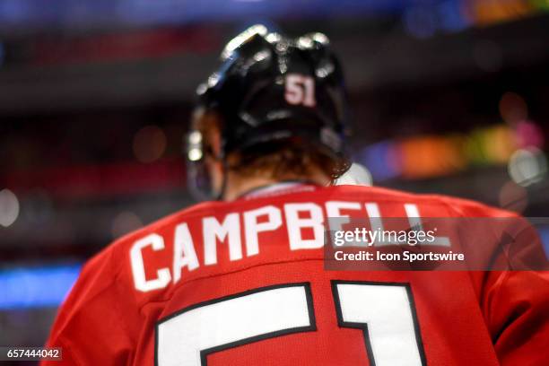 Chicago Blackhawks defenseman Brian Campbell looks on during the third period of a game between the Chicago Blackhawks and the Dallas Stars on March...