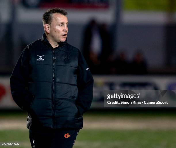Newport Gwent Dragons' Head Coach Kingsley Jones during the pre match warm up during the Guinness Pro12 Round 18 match between Newport Gwent Dragons...