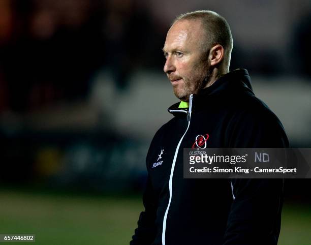 Ulster's Head Coach Neil Doak during the pre match warm up during the Guinness Pro12 Round 18 match between Newport Gwent Dragons and Ulster Rugby at...