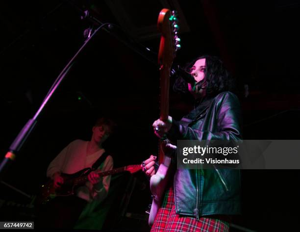 Pale Waves lead singer Heather Baron-Gracie and guitarist Hugo Silvani perform with the band as support to Superfood at Sound Control on March 22,...