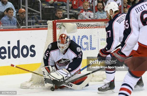Columbus Blue Jackets goalie Sergei Bobrovsky makes a first period save on shot by the Washington Capitals on March 23 at the Verizon Center in...