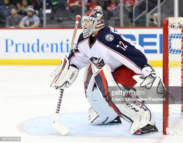 Sergei Bobrovsky of the Columbus Blue Jackets looks on as he tends goal during the second period against the New Jersey Devils on March 19, 2017 at...