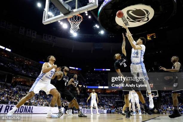 Justin Jackson of the North Carolina Tar Heels shoots against Kethan Savage of the Butler Bulldogs in the first half during the 2017 NCAA Men's...