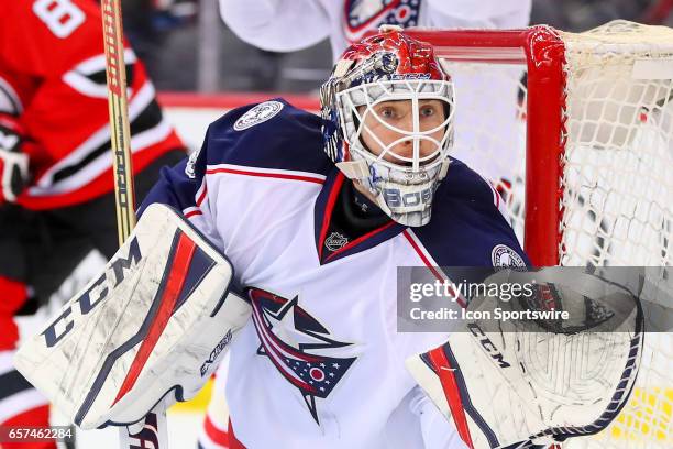 Columbus Blue Jackets goalie Sergei Bobrovsky during the third period of the National Hockey League game between the New Jersey Devils and the...