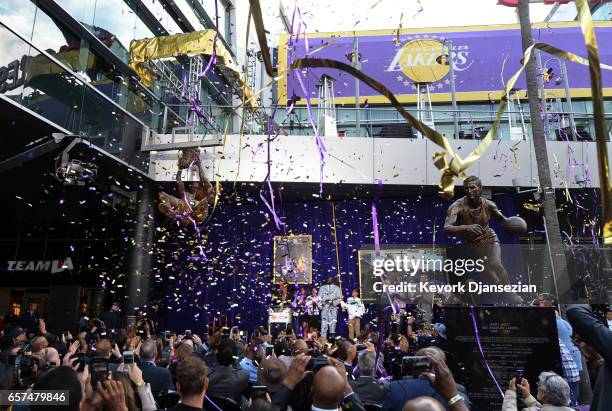 Former Los Angeles Lakers player Shaquille O'Neal as his statue is unveiled at Staples Center March 24 in Los Angeles, California. NOTE TO USER: User...