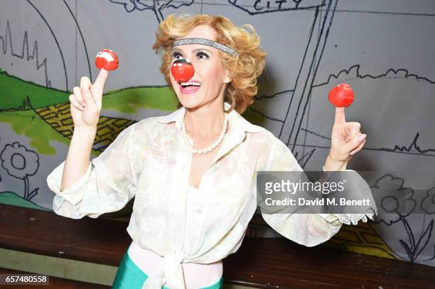 Cast member Amanda Holden of "Stepping Out" shows support for Red Nose Day at the Vaudeville Theatre on March 24, 2017 in London, England.