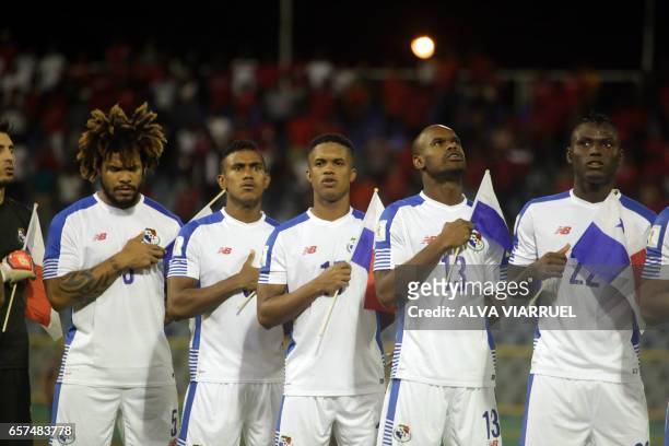 Panamanian players listen to their national anthem before their 2018 FIFA World Cup qualifier football match against Trinidad and Tobago in Port of...