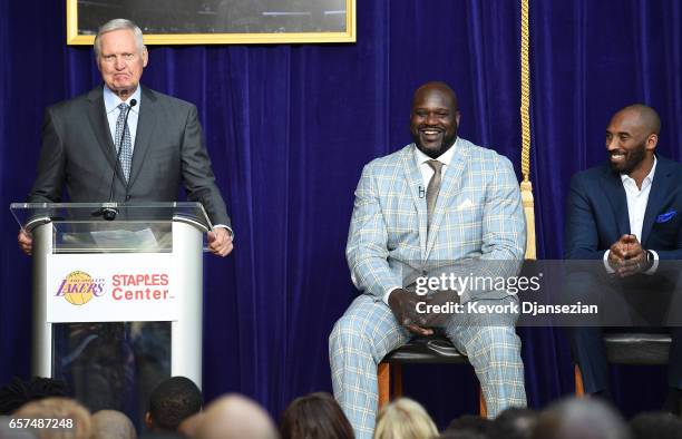 Former Los Angeles Lakers great Jerry West speaks while former players Shaquille O'Neal and Kobe Bryant look on during unveiling of O'Neal's statue...