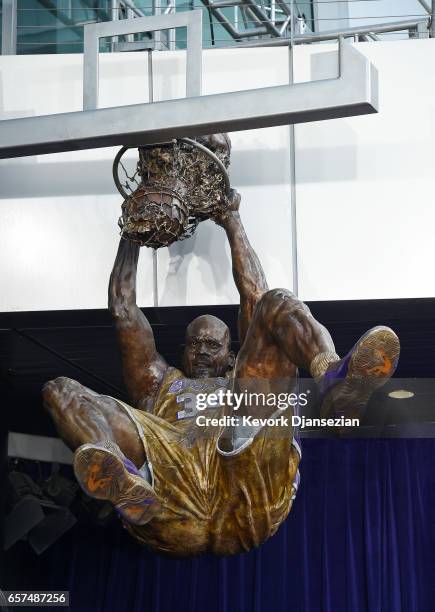 Former Los Angeles Lakers Shaquille O'Neal's seen after it was unveiled at Staples Center March 24 in Los Angeles, California. NOTE TO USER: User...