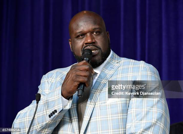 Former Los Angeles Lakers player Shaquille O'Neal speaks after unveiling of his statue at Staples Center March 24 in Los Angeles, California. NOTE TO...