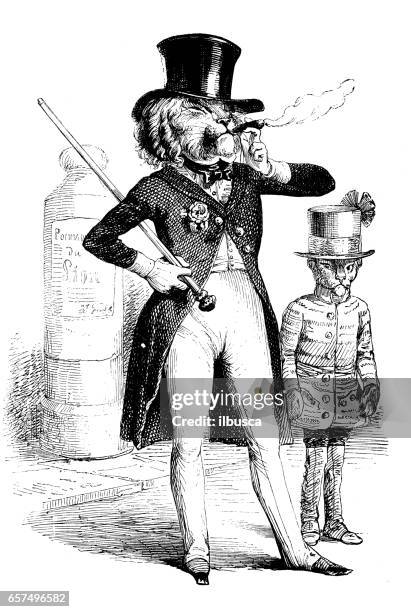 humanized animals illustrations: lion smoking with cub - cigar stock illustrations