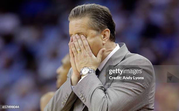 Head coach John Calipari of the Kentucky Wildcats reacts in the first half against the UCLA Bruins during the 2017 NCAA Men's Basketball Tournament...