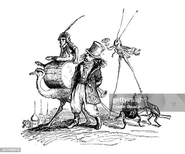 humanized animals illustrations: ostrich, monkey, lion and insects - ape walking stock illustrations