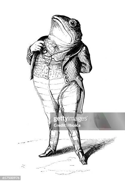stockillustraties, clipart, cartoons en iconen met gehumaniseerd illustraties van dieren: kikker - gravure illustratietechniek