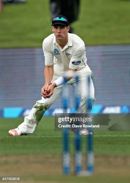 Matt Henry of New Zealand fields during day one of the Test match between New Zealand and South Africa at Seddon Park on March 25, 2017 in Hamilton,...