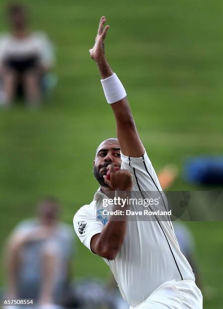 Jeetan Patel of New Zealand bowls during day one of the Test match between New Zealand and South Africa at Seddon Park on March 25, 2017 in Hamilton,...