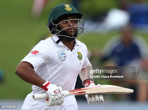 Temba Bavuma of South Africa makes a run whilst batting during day one of the Test match between New Zealand and South Africa at Seddon Park on March...