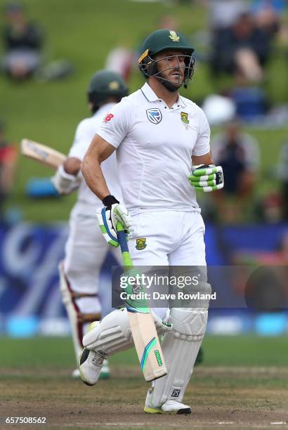 Captain Faf du Plessis of South Africa bats during day one of the Test match between New Zealand and South Africa at Seddon Park on March 25, 2017 in...