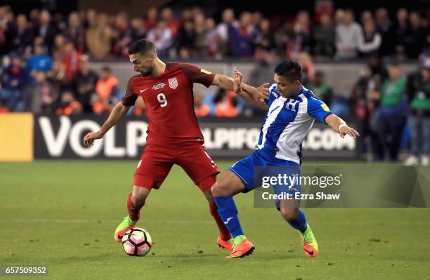 Sebastian Lletget of the United States and Emilio Izaguirre of Honduras go for the ball during their FIFA 2018 World Cup Qualifier at Avaya Stadium...