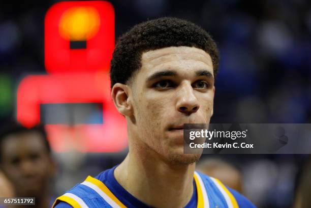 Lonzo Ball of the UCLA Bruins walks off the court after being defeated by the Kentucky Wildcats during the 2017 NCAA Men's Basketball Tournament...