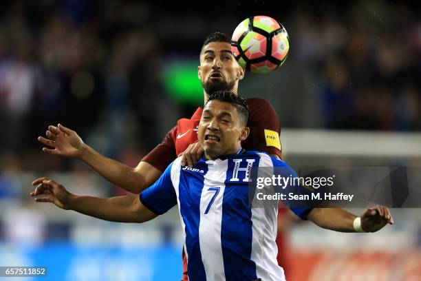 Sebastian LLetget of the United States battles Emilio Izaguirre of Honduras for a loose ball during their FIFA 2018 World Cup Qualifier at Avaya...