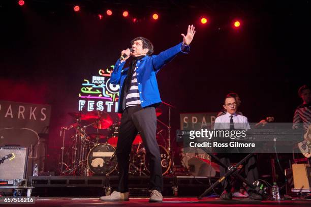 Singer Russell Mael and Keyboardist Ron Mael of the band Sparks perform at the O2 Academy as part of the BBC Radio 6 Music Festival - Day one on...