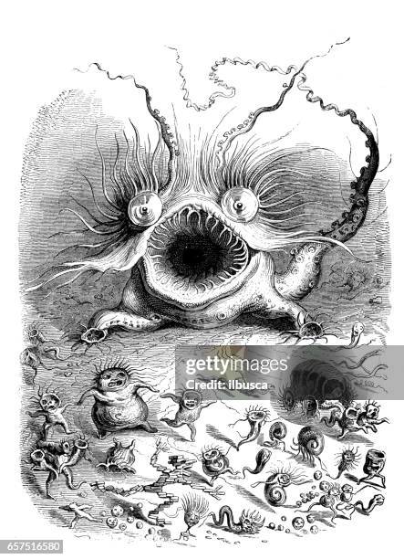 humanized animals illustrations: scary monster - creepy monsters from the past stock illustrations