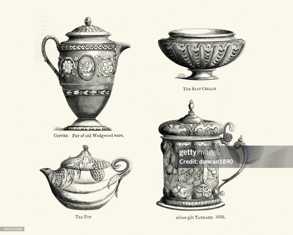 Antique crockery Coffee pot, Teapot, Salt cellar, Tankard