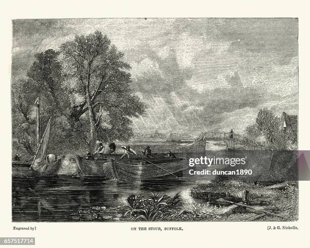 barges on the river stour, suffolk, england, 19th century - suffolk england stock illustrations