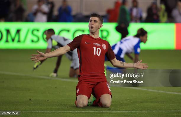 Christian Pulisic of the United States celebrates after scoring a goal against Honduras during their FIFA 2018 World Cup Qualifier at Avaya Stadium...