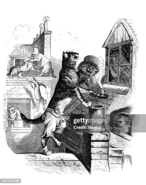 humanized animals illustrations: cats on roof - paris window stock illustrations
