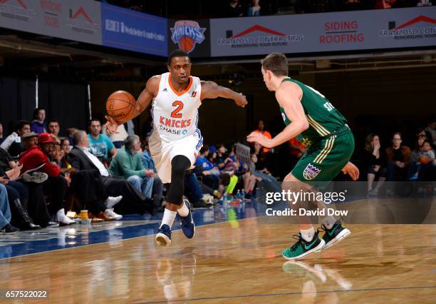 March 24: Doron Lamb of the Westchester Knicks dribbles the basketball against David Stockton of the Reno Bighorns at the Westchester County Center...