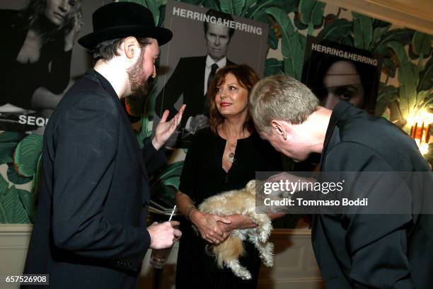 Actress Susan Sarandon and her dog Penny pose with Dimitri Scheblanov and Jesper Carlsen at the Herring & Herring Sequence Magazine Launch Party,...