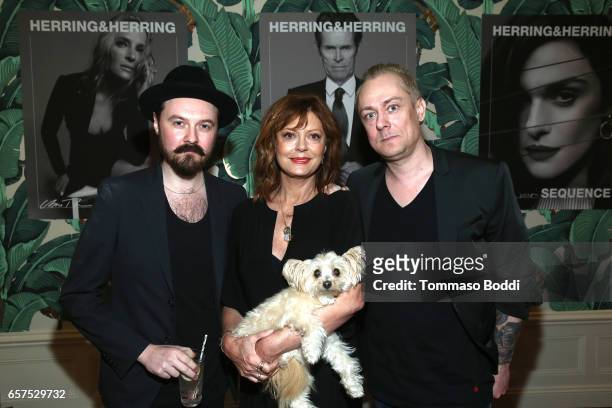 Actress Susan Sarandon and her dog Penny pose with Dimitri Scheblanov and Jesper Carlsen at the Herring & Herring Sequence Magazine Launch Party,...
