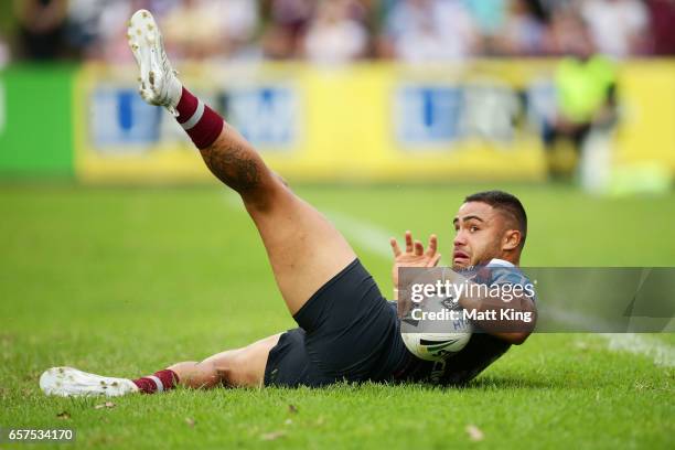 Dylan Walker of the Sea Eagles gets the ball down to score during the round four NRL match between the Manly Warringah Sea Eagles and the Canterbury...