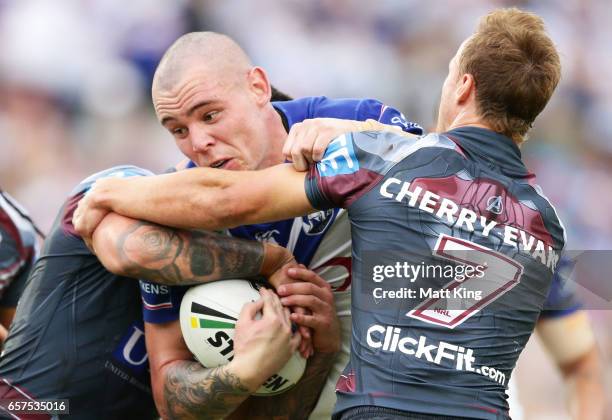 David Klemmer of the Bulldogs is tackled during the round four NRL match between the Manly Warringah Sea Eagles and the Canterbury Bulldogs at...
