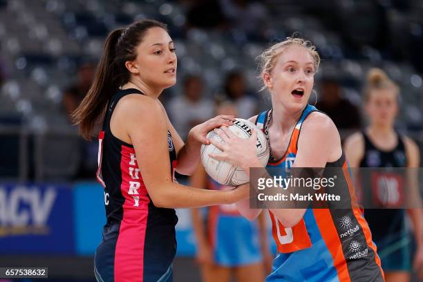 Maddie Hay of Canberra Giants and Lara Dunkley of Victorian Fury fight for the ball during the round six ANL match between the Vic Fury and the...