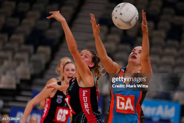 Keira Austin of Canberra Giants and Kate Eddy of Victorian Fury go for the ball for the ball during the round six ANL match between the Vic Fury and...