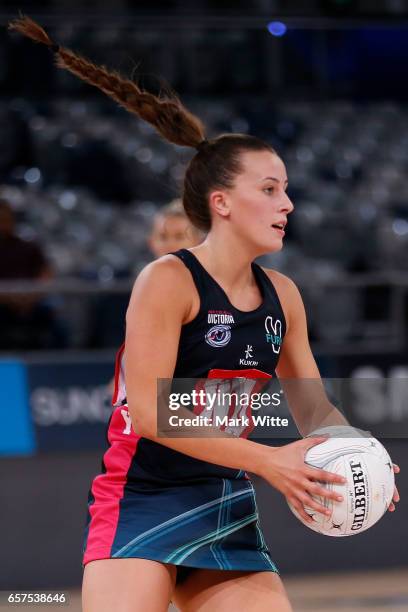 Casey Adamson of Victorian Fury plays the ball during the round six ANL match between the Vic Fury and the Canberra Giants at Hisense Arena on March...