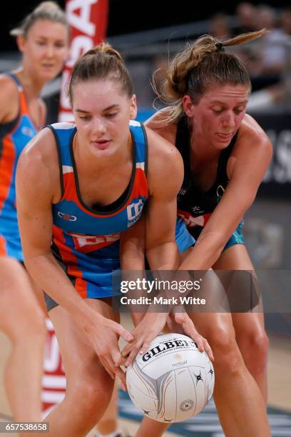 Keira Austin Maddie Hay and Maddy Balson of Victorian Fury both go for the ball during the round six ANL match between the Vic Fury and the Canberra...