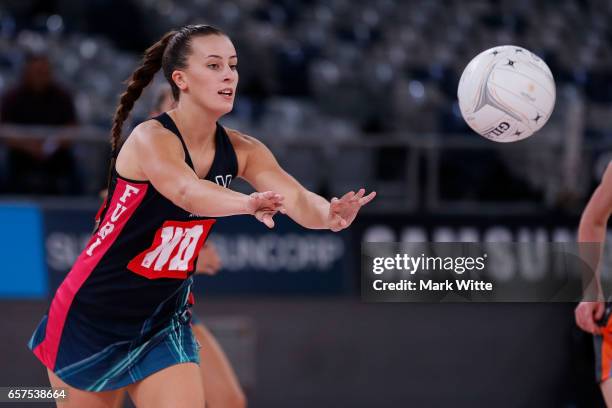 Casey Adamson of Victorian Fury throws the ball during the round six ANL match between the Vic Fury and the Canberra Giants at Hisense Arena on March...