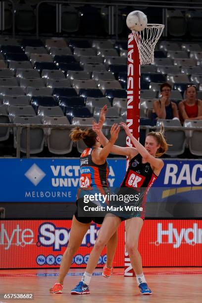 Maddy Balson of Victorian Fury and Keira Austin of Canberra Giants clash during the round six ANL match between the Vic Fury and the Canberra Giants...