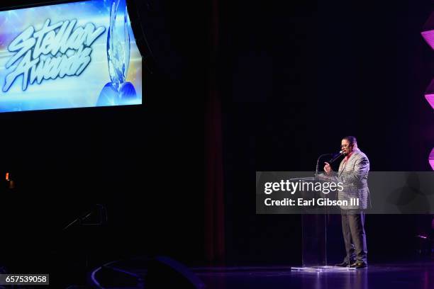 Singer Byron Cage speaks during the preshow for the 32nd annual Stellar Gospel Music Awards at The Orleans Hotel & Casino on March 24, 2017 in Las...