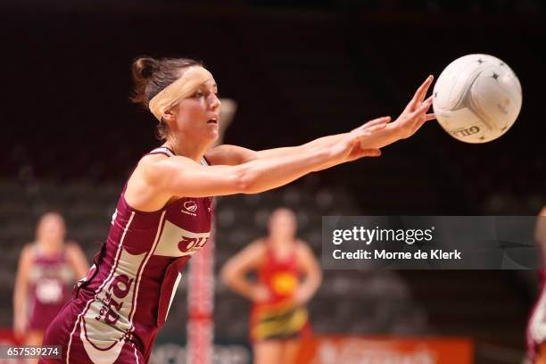 Vanessa Augustini of Queensland passes the ball during the round six ANL match between the Southern Force and the QLD Fusion at Titanium Security...