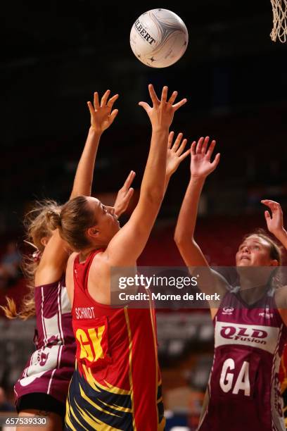 Players from both sides compete for the ball during the round six ANL match between the Southern Force and the QLD Fusion at Titanium Security Arena...