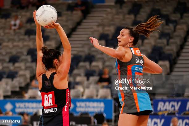 Kara Styles of Canberra Giants tries to defend Stephanie Puopolo of Victorian Fury during the round six ANL match between the Vic Fury and the...