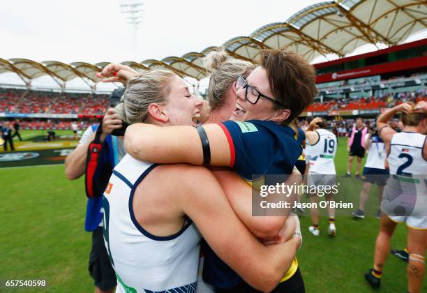 Crows coach Bec Goddard celebrates during the AFL Women's Grand Final between the Brisbane Lions and the Adelaide Crows on March 25, 2017 in Gold...