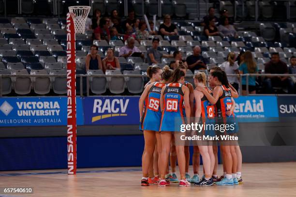 Canberra Giants huddle at the half time break during the round six ANL match between the Vic Fury and the Canberra Giants at Hisense Arena on March...